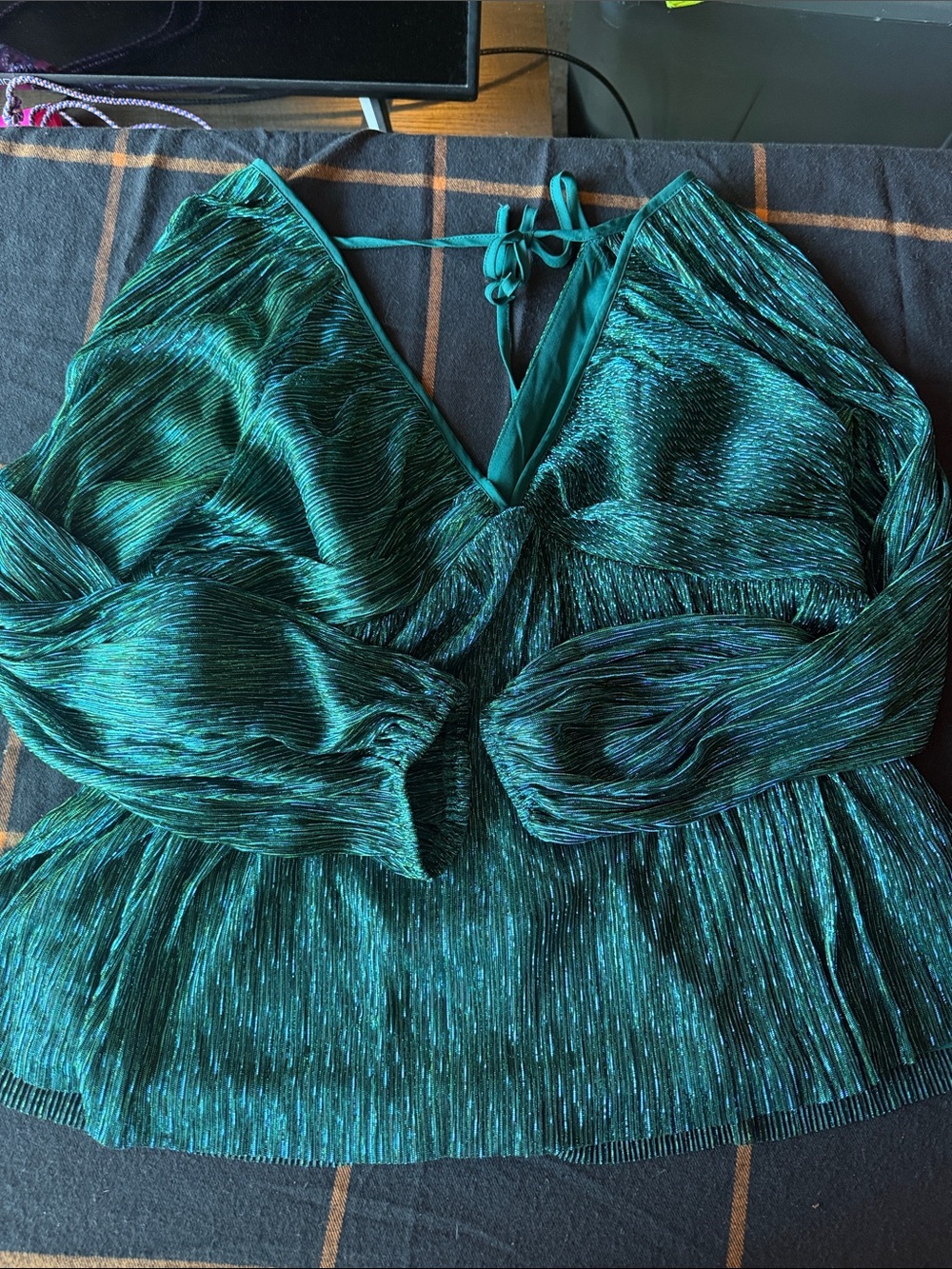Express Teal Shimmery V-Neck Peplum Blouse